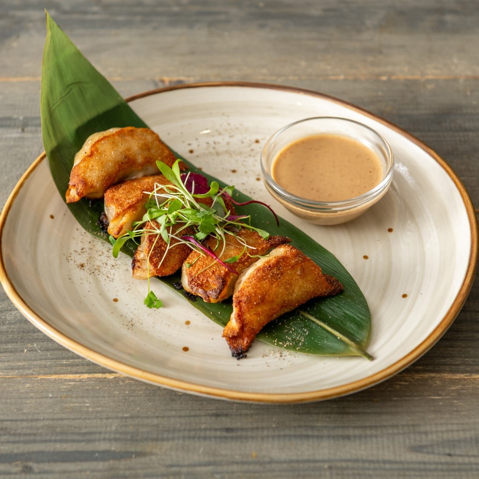 Pan-fried dumplings with dipping sauce