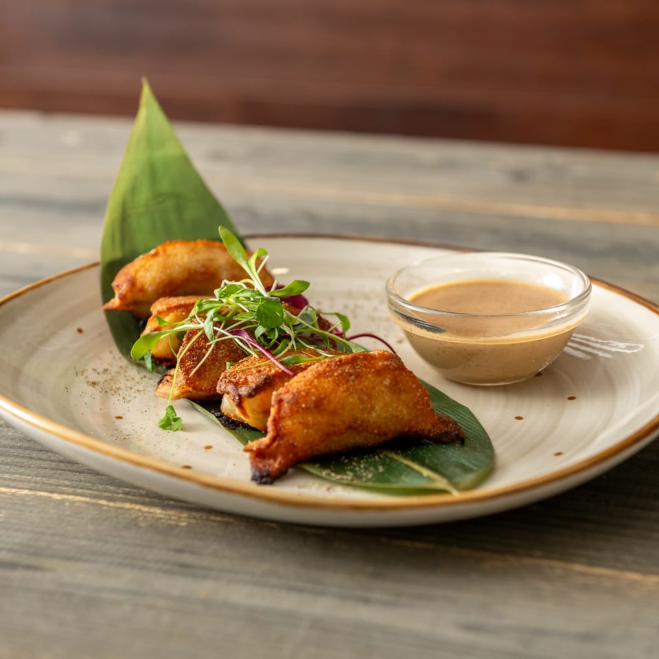 Golden dumplings with dipping sauce