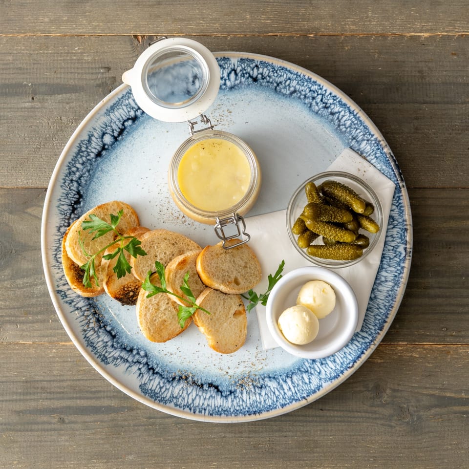 Chicken pâté with toast and cornichons