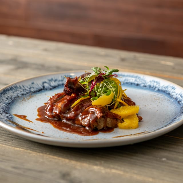 Duck Canton with Caramel-Coffee Orange Sauce.