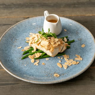 Halibut Almondine with Beurre Blanc Sauce